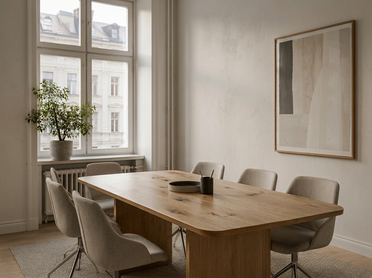 Arbetsplats med dator och anteckningsblock i ett ljust rum